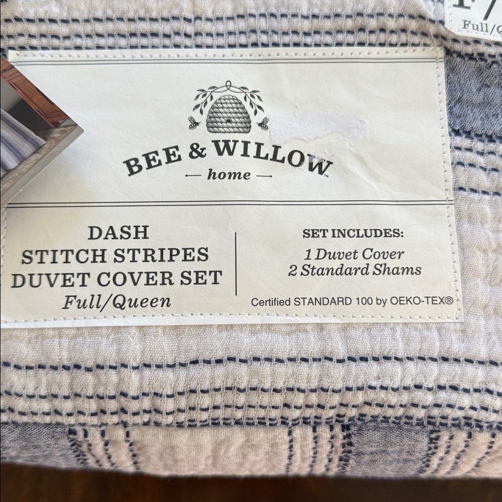 Bee & Willow Dash Stitch Stripes Duvet Cover Set Full/ Queen - Blue and Neutral - Picture 5 of 8